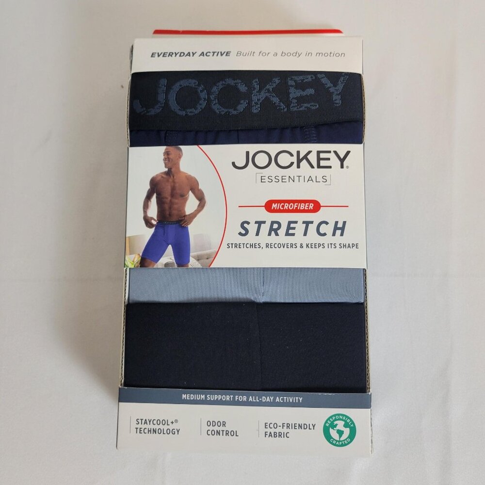 Jockey Essentials  Men's 3 Microfiber Stretch Black Boxer Briefs Size M Long Leg
